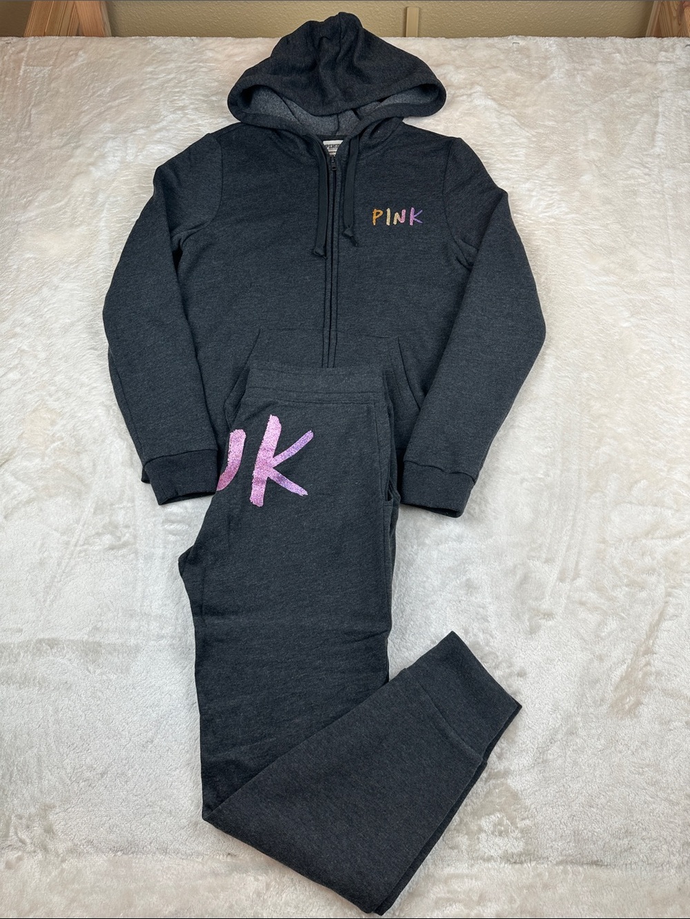 Victoria’s Secret PINK Sweatsuit Set Hoodie M Joggers S Gray Glitter Logo 2pc